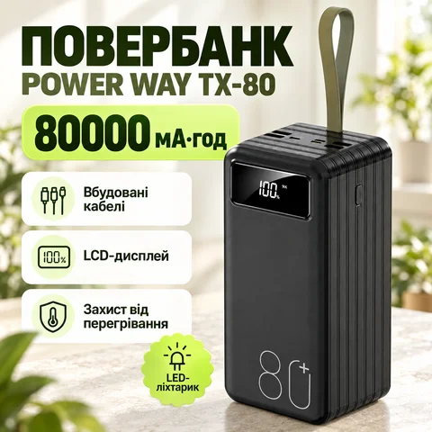 Павербанк Torima TX-80 80000 мА·год із ліхтариком і вбудованими кабелями