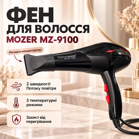Фен для волосся Mozer MZ-9100 чорний із 3 температурними режимами
