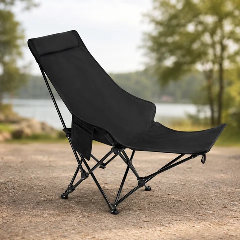 Стілець-шезлонг туристичний складаний зі спинкою 82 × 60 × 140 см, чорний