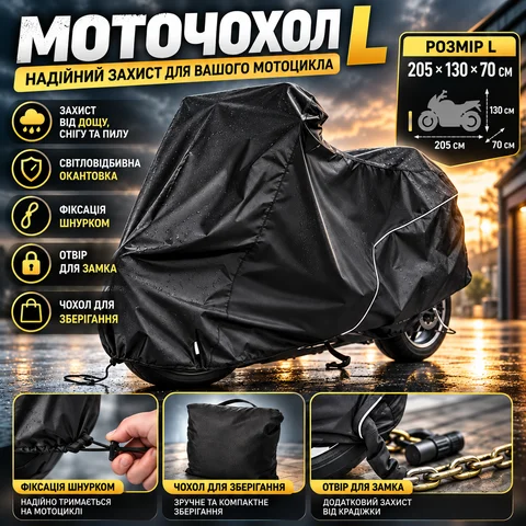 Чохол-тент для мотоцикла L 205 × 130 × 70 см, поліестер, з вентиляцією