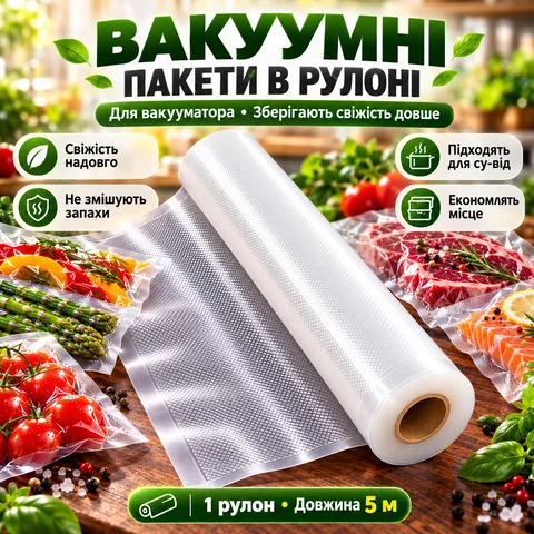 Пакети в рулоні для вакууматора 5 м × 30 см для зберігання продуктів