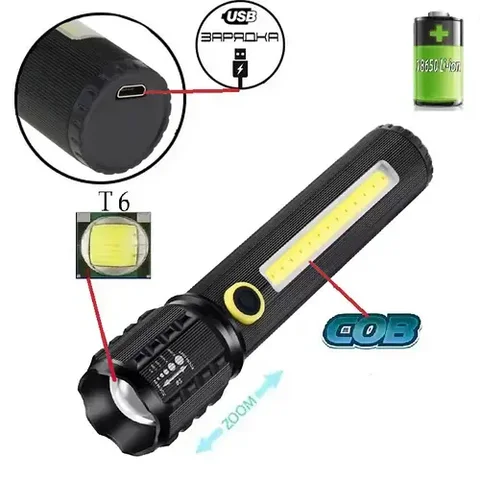 Ручний акумуляторний ліхтарик X-BALOG BL-C62 з LED P50, COB і zoom