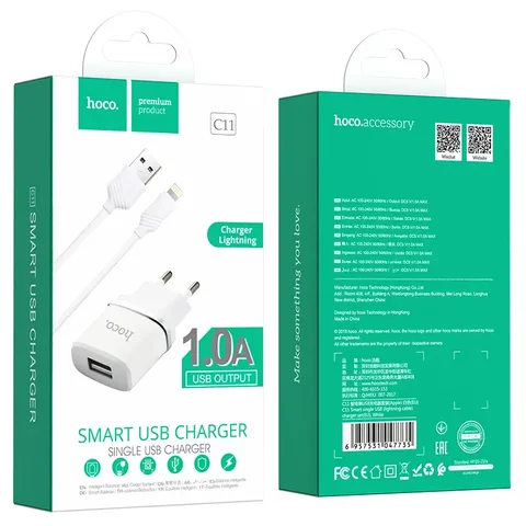 Мережевий зарядний пристрій HOCO C11 Smart 1 USB з кабелем Lightning, 1 А