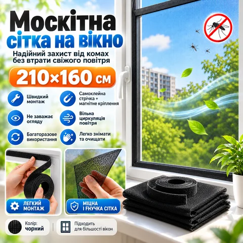 Москітна сітка на вікно на магнітах 130×120 см, чорна