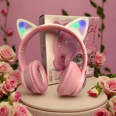 Навушники накладні Bluetooth AKZ-09 з котячими вушками та RGB-підсвічуванням