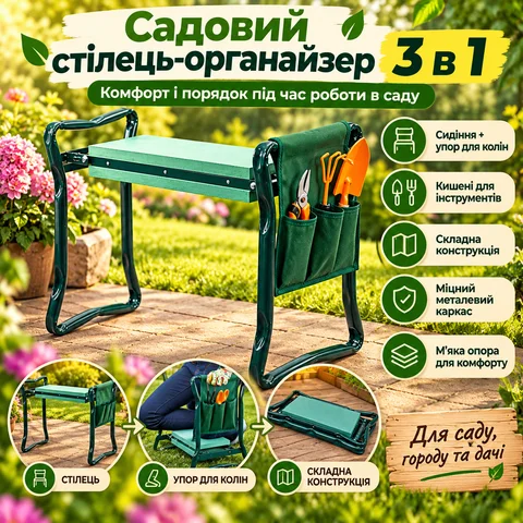 Складаний садовий табурет 3 в 1 з органайзером для інструментів 58 × 28 × 13 см, зелений