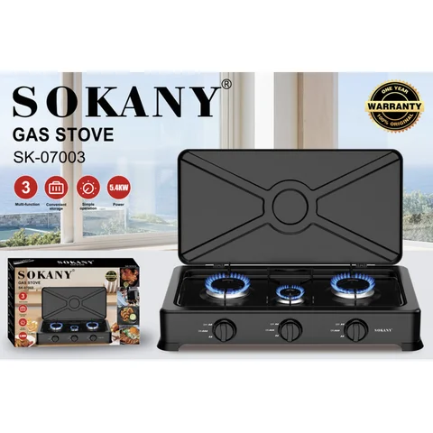 Плита газова настільна Sokany SK07003 на 3 конфорки 5,4 кВт з кришкою