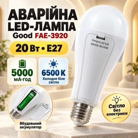 Аварійна LED-лампа FAE-3920 E27 20 Вт 6500K з акумулятором