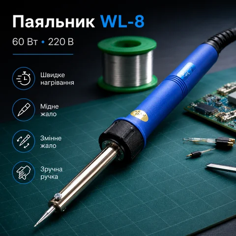 Електричний паяльник WL-8 60 Вт 220 В зі змінним мідним жалом, синій