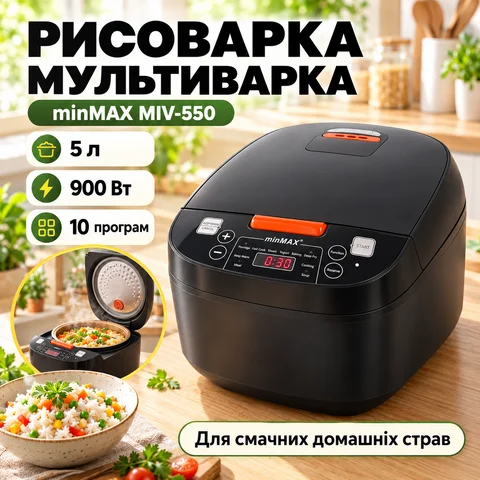 Мультиварка-рисоварка minMAX MIV-550 5 л 900 Вт, 10 програм, чорна
