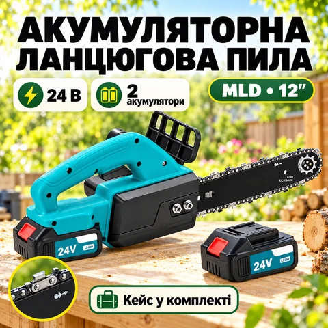 Акумуляторна ланцюгова електропила MLD 12″ 24 В з двома акумуляторами в кейсі