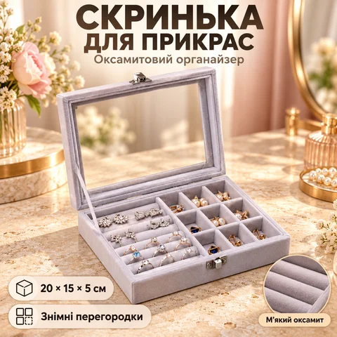 Скринька-органайзер для прикрас із прозорою кришкою, сіра, 20 × 15 × 4,5 см