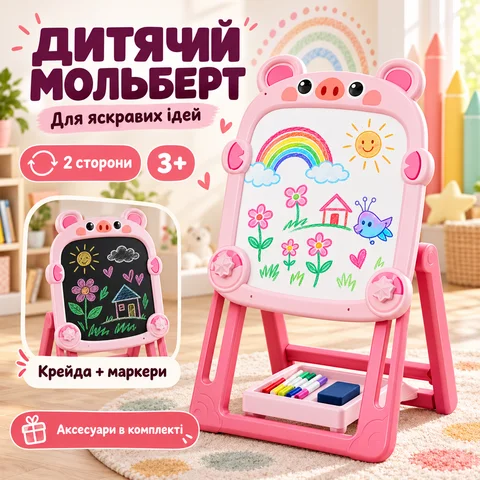 Мольберт дитячий двосторонній для малювання з набором, рожевий