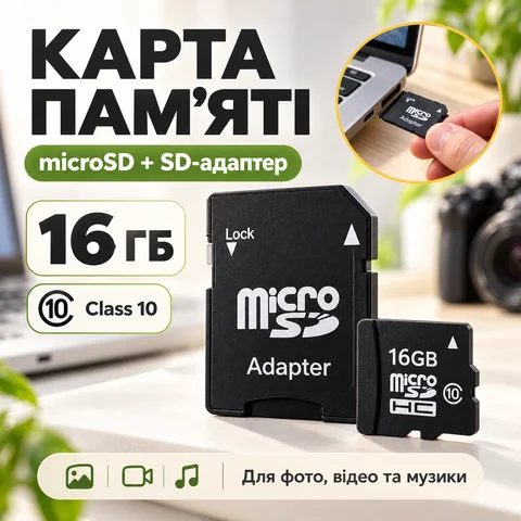 Карта пам’яті microSD 16 ГБ Class 10 з SD-адаптером