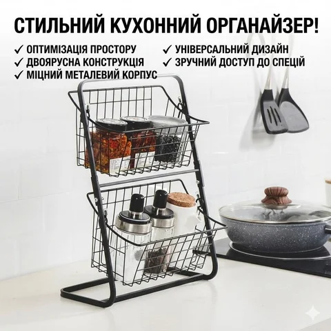 Металевий двоярусний органайзер Storage Rack 39 × 28 × 18 см, чорний