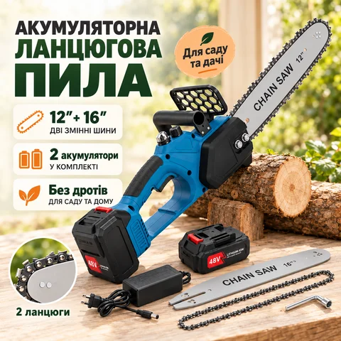 Акумуляторна ланцюгова пила VOLLYX 2 в 1 із шинами 12″ і 16″, 2 АКБ, синя