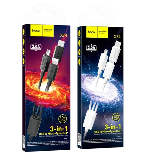 Кабель Hoco X74 3 в 1 Lightning/Micro-USB/Type-C, 1 м, чорний