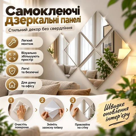 Набір самоклейних дзеркальних акрилових панелей 40×40 см для стін і меблів