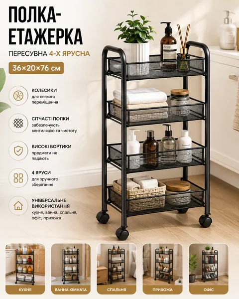 Полиця-етажерка на колесах Fan&Fan 64204, 4 яруси, 36 × 20 × 76 см