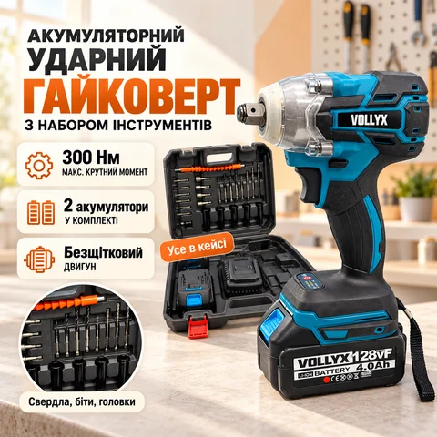 Акумуляторний ударний гайковерт із набором інструментів і 2 АКБ, кейс