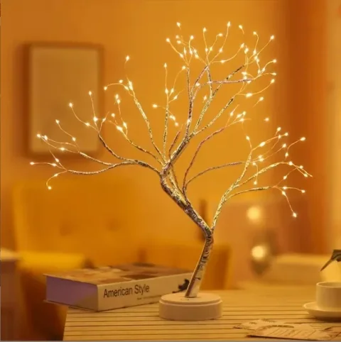 LED-нічник Дерево Бонсай із теплим світлом, срібний, USB і 3×AA