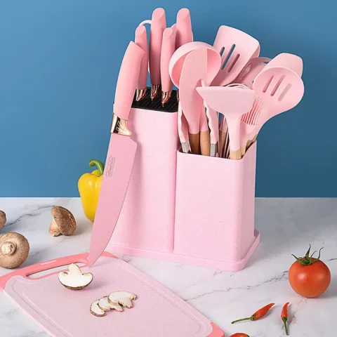 Набір кухонного приладдя TS Kitchen 19 предметів на підставці рожевий