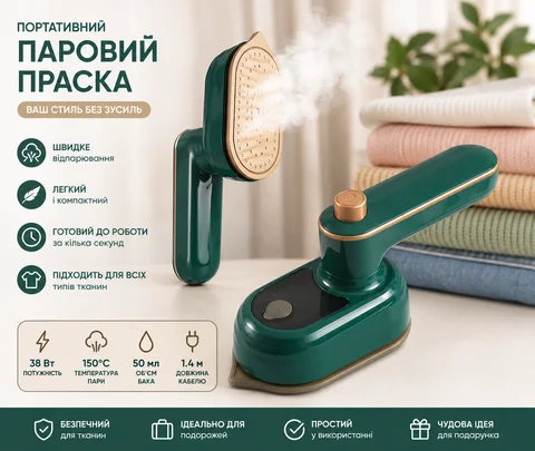 Портативна міні-праска відпарювач Steam, 38 Вт, 50 мл, зелена