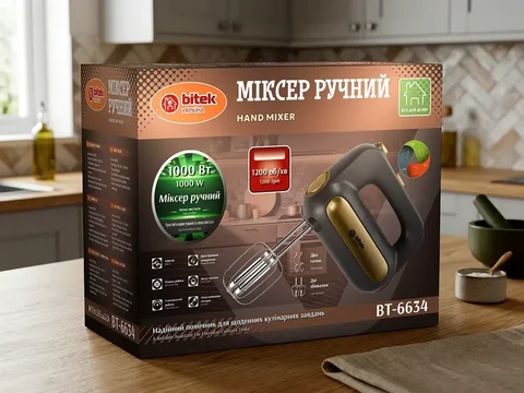 Міксер ручний BITEK BT-6634 1000 Вт, 5 швидкостей, вінчики та гаки для тіста
