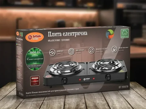 Плита електрична настільна BITEK BT-9087B на 2 спіралі 2000 Вт, чорна