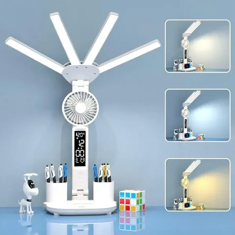 Настільна LED-лампа KRX-1011 з вентилятором, годинником і органайзерами