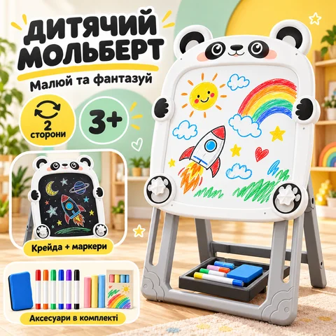 Дитячий мольберт двосторонній з навчальним набором, білий, 62×28×34,5 см