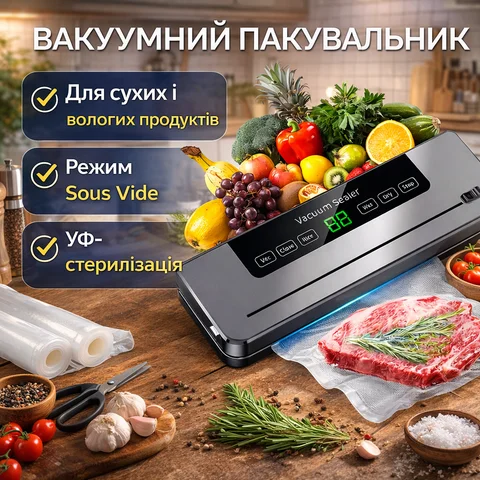 Вакуумний пакувальник з УФ-стерилізацією, режим Sous Vide, LED-дисплей