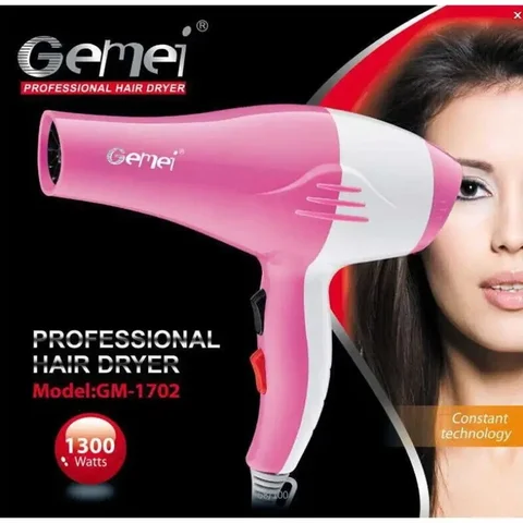 Компактний фен для волосся Gemei GM-1702 1300 Вт, білий з рожевими акцентами