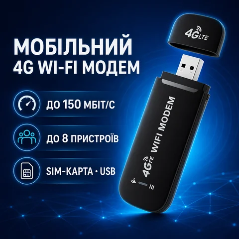 Портативний 4G Wi-Fi модем USB 150 Мбіт/с, чорний, радіус 15 м