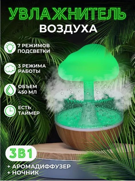 Зволожувач повітря-нічник Гриб з ефектом дощу, 7 кольорів, 300 мл