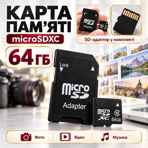 Карта пам’яті microSD 64 ГБ microSDXC з SD-адаптером