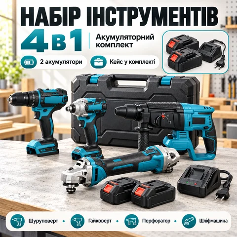 Набір акумуляторного інструменту 4 в 1 36 В: шуруповерт, болгарка, перфоратор, гайковерт