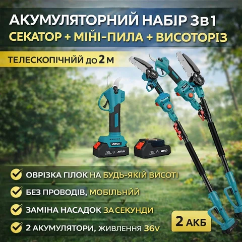 Акумуляторний набір AUTOO 3 в 1: секатор, міні-пила та висоторіз, 36 В