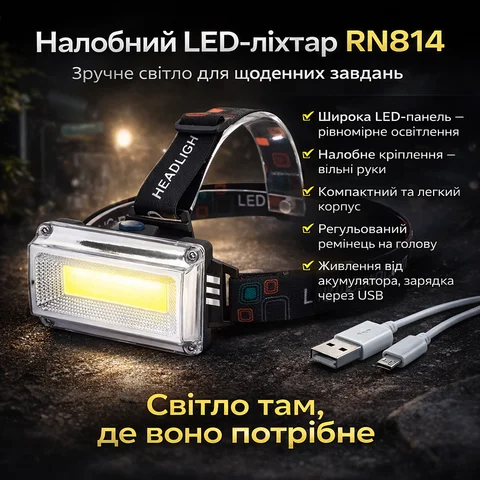 Налобний ліхтар RN814 акумуляторний, 450 люмен, USB-зарядка