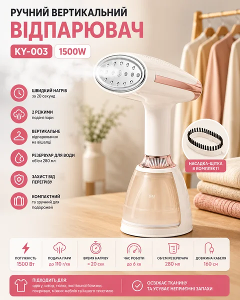 Ручний вертикальний відпарювач KY-003 1500 Вт, бак 280 мл, білий