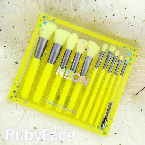 Набір неонових пензлів для макіяжу з косметичкою Ruby Face Neon лимонний
