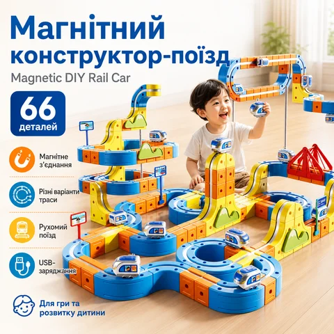 Магнітний конструктор-залізниця Magnetic DIY Rail Car 66 деталей з поїздом